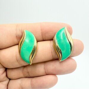 Vintage Monet Green and Gold Enamel Leaf Earrings